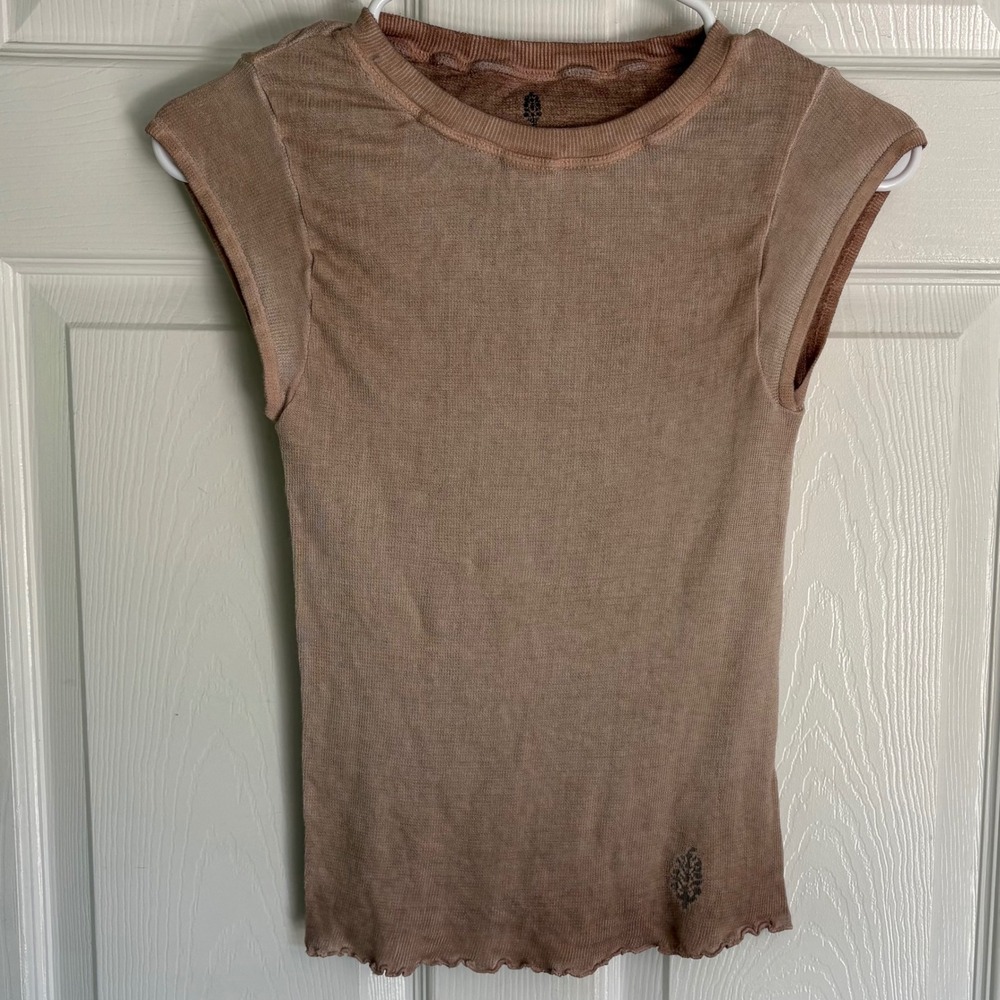 Free People Movement‎ Be My Baby Tee Cap Sleeve Top XS/S Tan Ribbed Lettuce Hem